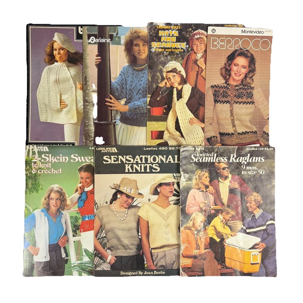 7 VTG Crochet Knitting Pattern Leaflet Lot Sweater Cape Vest Raglan Fair Isle